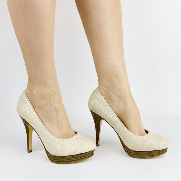 Kenneth Cole Reaction HIDDEN FILE Beige Platform Stacked High Heel Shoes Sz 7 M - Picture 1 of 14